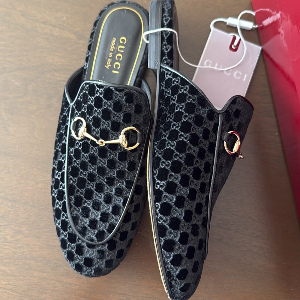 Gucci Black Velvet Slip-On Mules with Gold Horsebit - Picture 2 of 6
